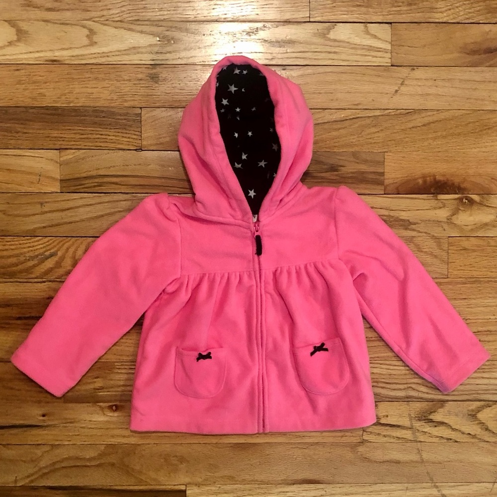 Carter’s Pink zip up hooded fleece with two black bows on the front pocket, 24M - Picture 8 of 9